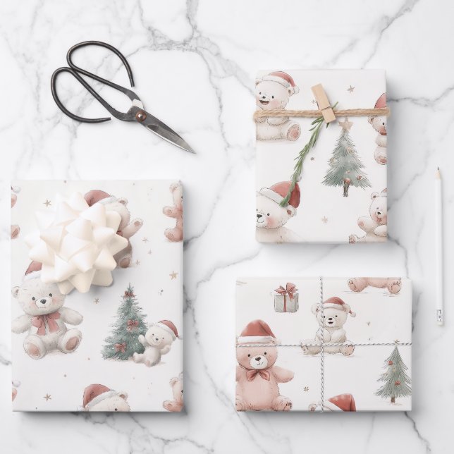 Feuille De Papier Cadeau Pink Teddy Bear Christmas  (Recto)