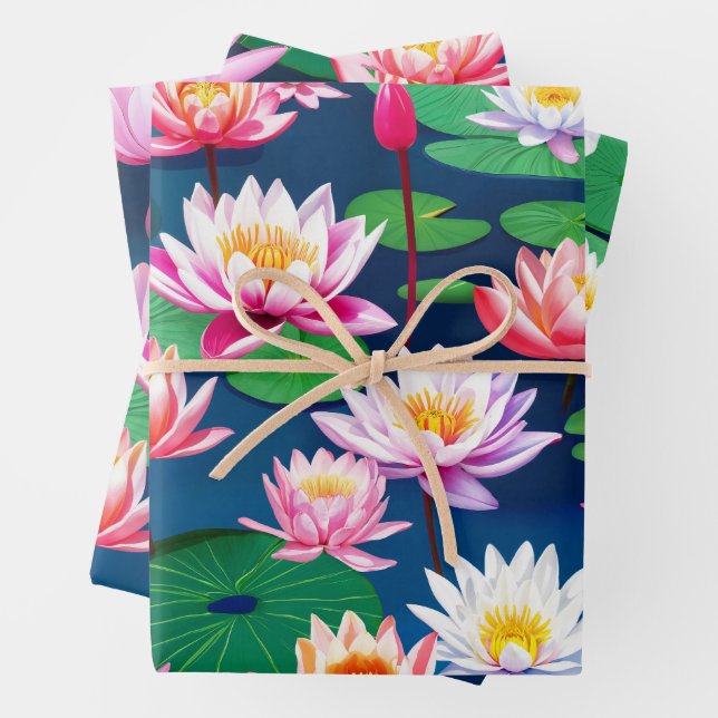 Feuille De Papier Cadeau Pink White Lotus Water Lily Flowers & Green Leaves (En situation)