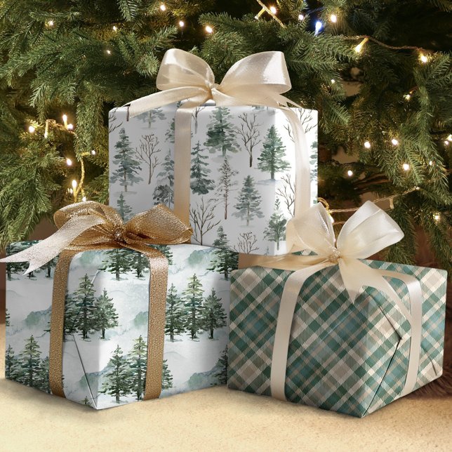 Feuille De Papier Cadeau Pins d'hiver rustique Forêt Noël (Créateur téléchargé)