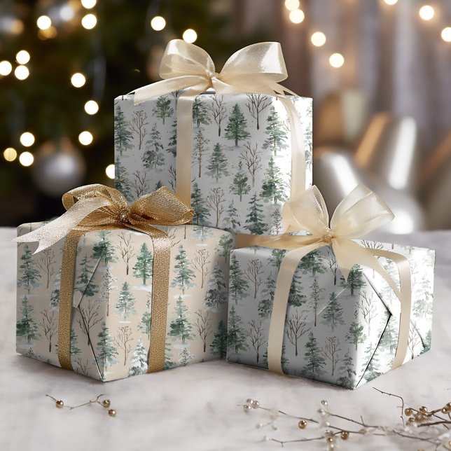 Feuille De Papier Cadeau Pins d'hiver rustique Noël de forêt (Créateur téléchargé)