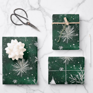 Feuille De Papier Cadeau Pins d'or Silver Snowflakes Hunter Green