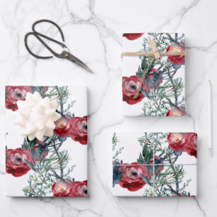 Feuille De Papier Cadeau Pins et épinettes Rose d'hiver Trellis vert