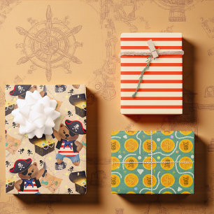 Feuille De Papier Cadeau Pirate Party avec ours, rayures et trésor