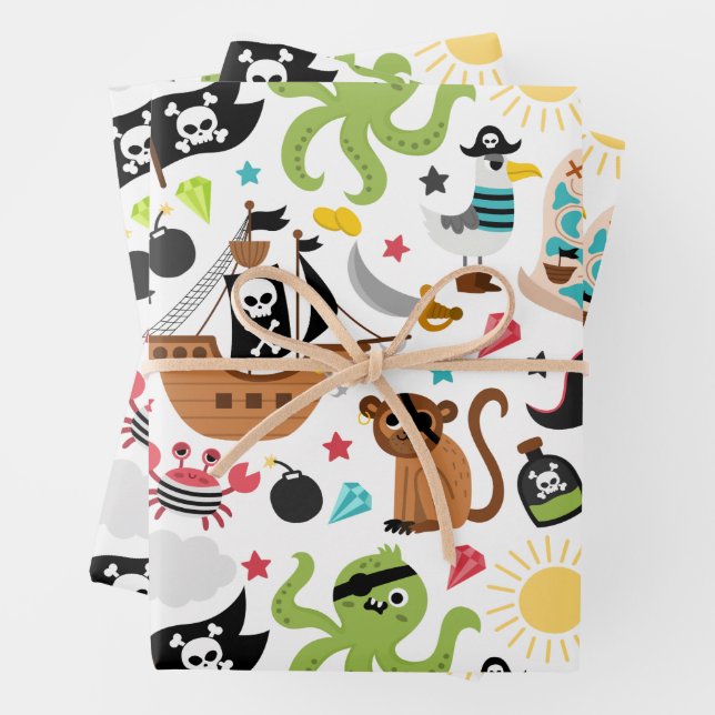 Feuille De Papier Cadeau Pirate Ship Trésor Anniversaire Fête (En situation)