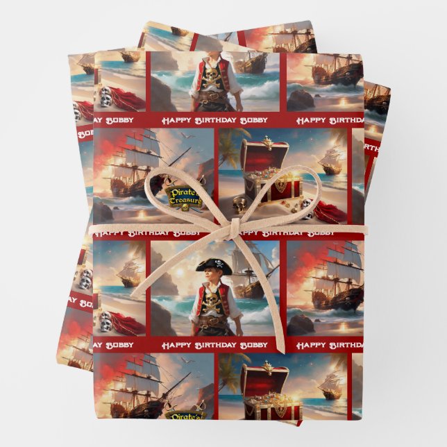 Feuille De Papier Cadeau Pirate Treasure Boy's Birthday Personalize Name 3 (En situation)