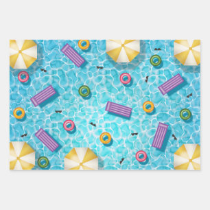 Feuille De Papier Cadeau Piscine bleue avec équipement de piscine coloré en