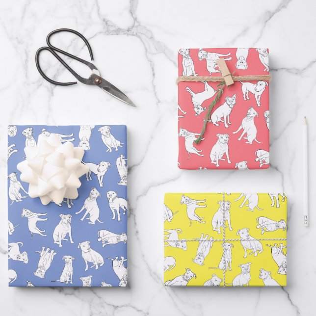 Feuille De Papier Cadeau Pitbull Confetti - rouge, bleu, jaune (Recto)