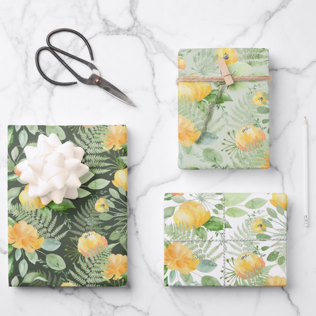 Feuille De Papier Cadeau Pivoines jaunes et fougères vertes pour mariage (Recto)
