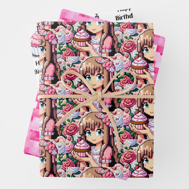 Feuille De Papier Cadeau Pixel Art Girl's Pink Birthday Party (En situation)