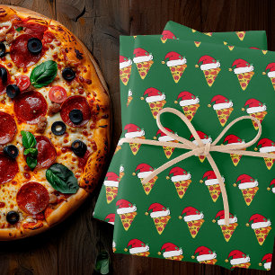 Feuille De Papier Cadeau Pizzas de Noël mignonnes en Santa Hats Vert