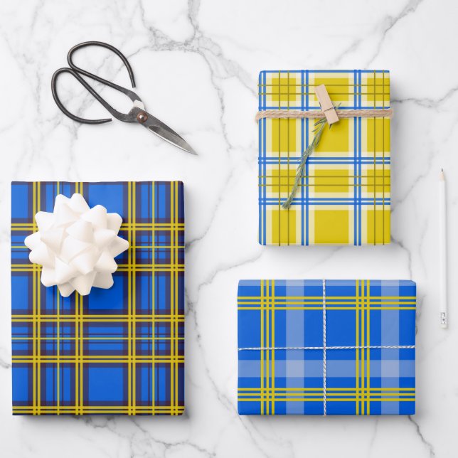 Feuille De Papier Cadeau Plaid Bleu Et Jaune (Recto)