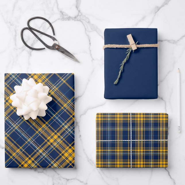 Feuille De Papier Cadeau Plaid bleu et or (Recto)