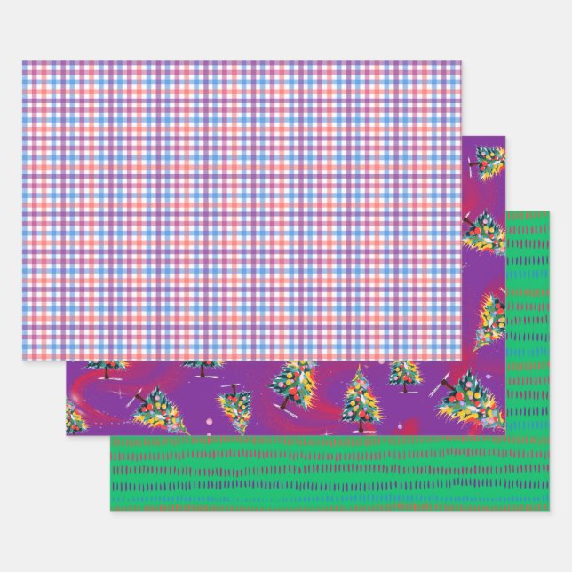 Feuille De Papier Cadeau Plaid, Christmas Trees, & Green Dash, 3-Pack Matte (Lot)