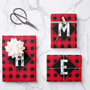 Feuille De Papier Cadeau Plaid classique de buffle rouge et noir Monogramme