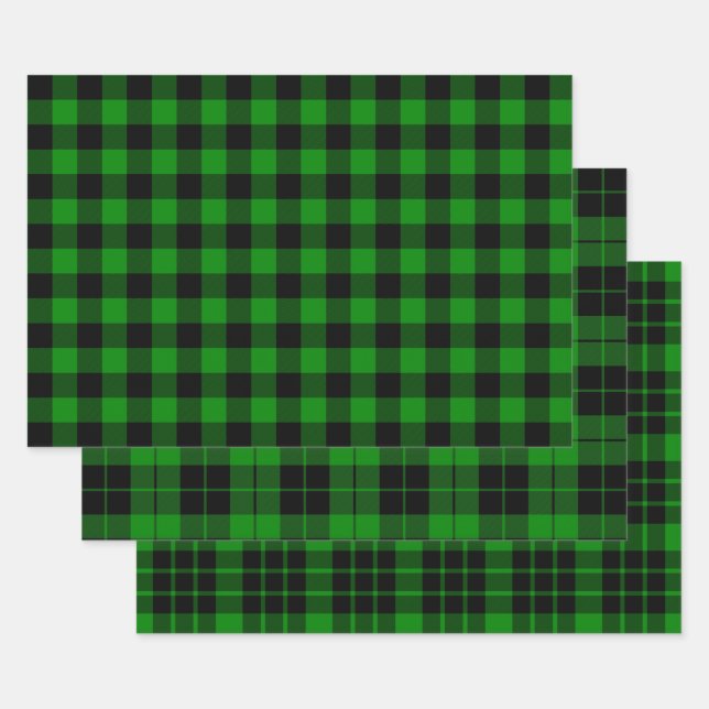 Feuille De Papier Cadeau Plaid de buffle noir et vert (Lot)