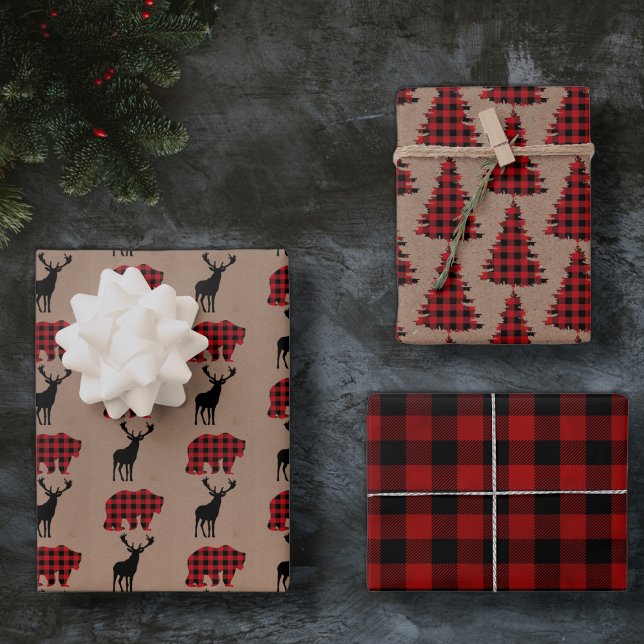Feuille De Papier Cadeau plaid de buffle rouge + cadeau de noël de boisé kr (Créateur téléchargé)