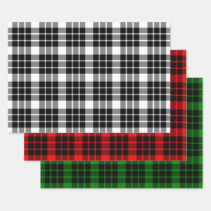 Feuille De Papier Cadeau Plaid noir et blanc, rouge et vert