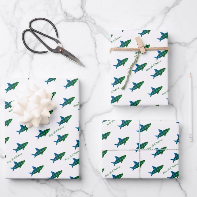 Feuille De Papier Cadeau Plaid Shark bleu vert Noël (Recto)