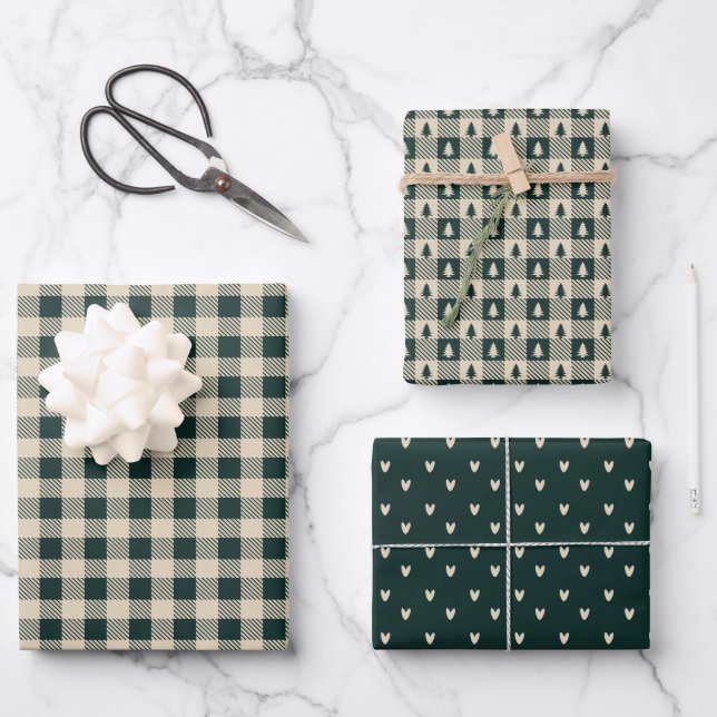Feuille De Papier Cadeau Plaid Woodland Green et Tan Collection (Recto)