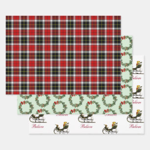 Feuille De Papier Cadeau Plaid + Wreath Botanique Vintage Sleigh Noël