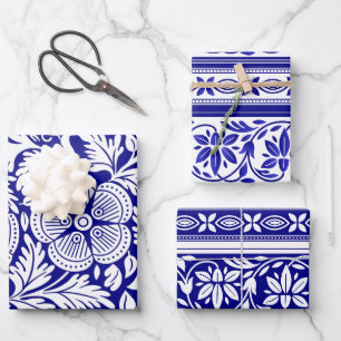 Feuille De Papier Cadeau Plan floral bleu et blanc de la marine indienne