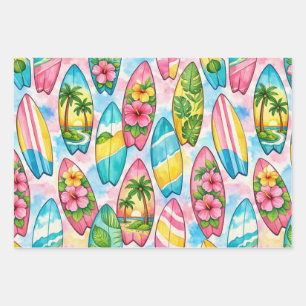 Feuille De Papier Cadeau Planches de surf aquarelles avec hibiscus et palmi