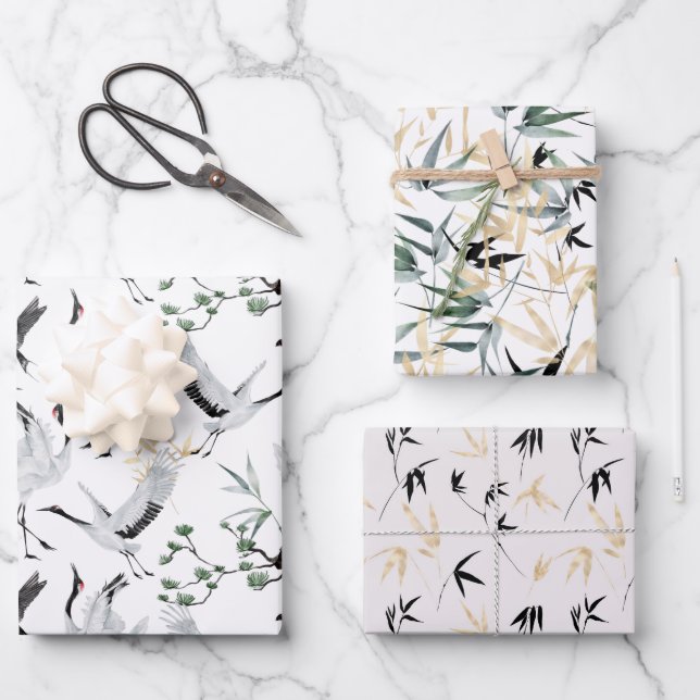 Feuille De Papier Cadeau Plantes d'aquarelle des grues japonaises (Recto)