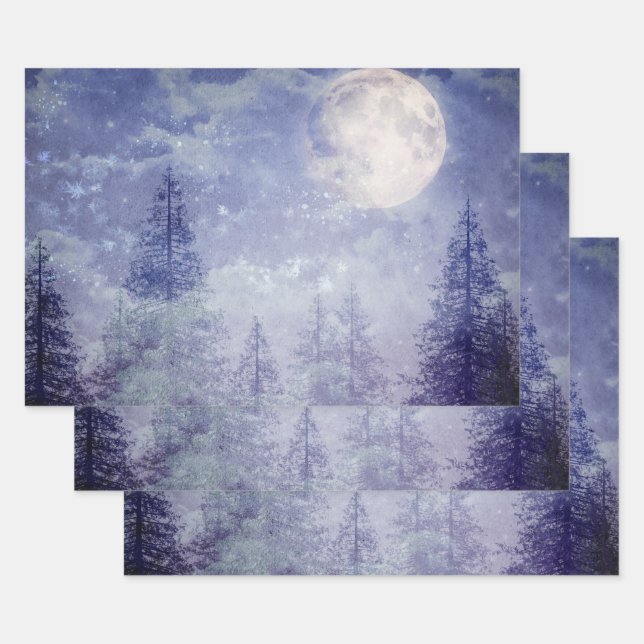 Feuille De Papier Cadeau Pleine lune Forêt de pins d'hiver (Lot)
