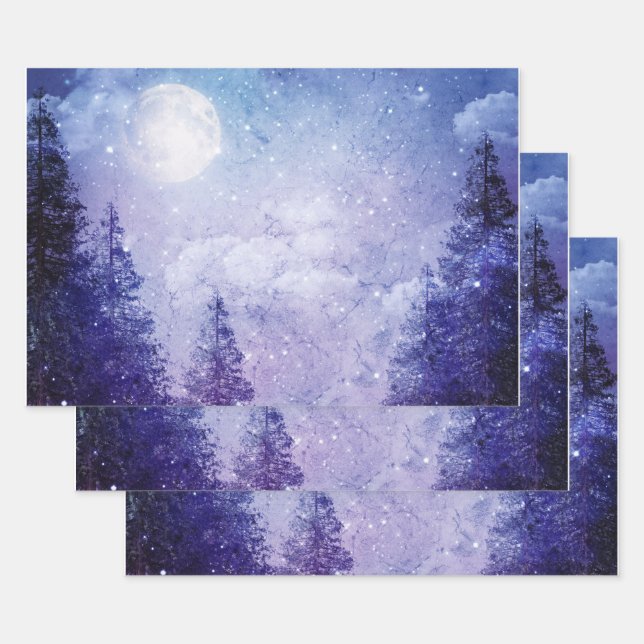Feuille De Papier Cadeau Pleine lune Forêt violette d'hiver (Lot)