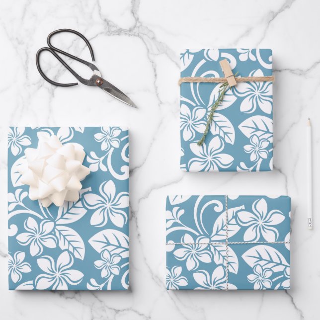 FEUILLE DE PAPIER CADEAU PLUMÉRIE DE L'ÎLE (BLEU D'ESCLAT) (Recto)