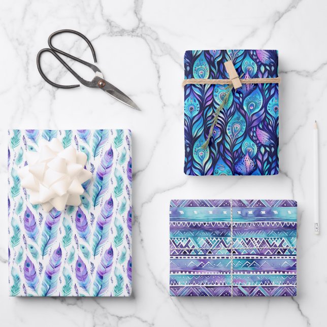 Feuille De Papier Cadeau Plumes de paon violet turquoise (Recto)