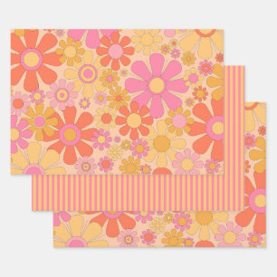 Feuille De Papier Cadeau Plutôt Super Retro Floral et rayures rose jaune