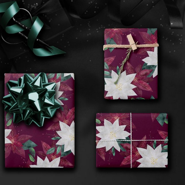 Feuille De Papier Cadeau Poinsettia Bourgogne et Turquoise vacances d'hiver (Créateur téléchargé)