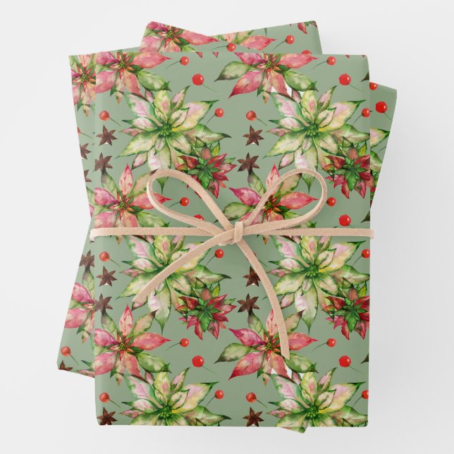 Feuille De Papier Cadeau Poinsettia et Berries à la mode (En situation)