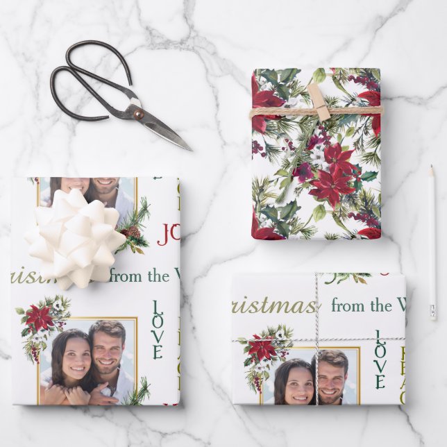 Feuille De Papier Cadeau Poinsettia Modèle photo Amour Paix Joie Noël (Recto)
