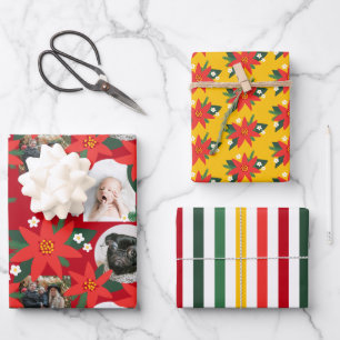 Feuille De Papier Cadeau Poinsettia Rouge Gras Photo Rayure Noël Fêtes