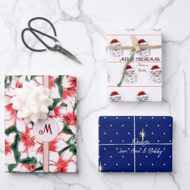 Feuille De Papier Cadeau Poinsettia Santa Claus Star de Bethléem Noël (Recto)
