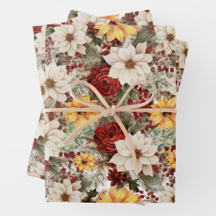 Feuille De Papier Cadeau Poinsettias blancs & Fleurs de soleil Noël