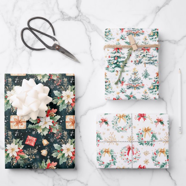 Feuille De Papier Cadeau Poinsettias de Noël, arbres et couronnes (Recto)