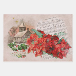 Feuille De Papier Cadeau Poinsettias de Noël Vintage