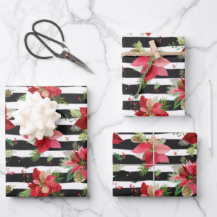 Feuille De Papier Cadeau Poinsettias, enveloppement de Noël à rayures noi
