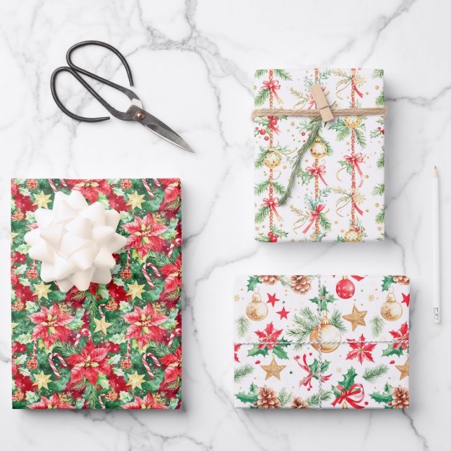 Feuille De Papier Cadeau Poinsettias et ornements de Noël (Recto)