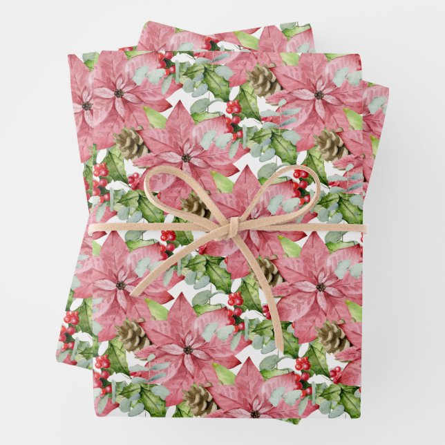 Feuille De Papier Cadeau Poinsettias roses et pins (En situation)