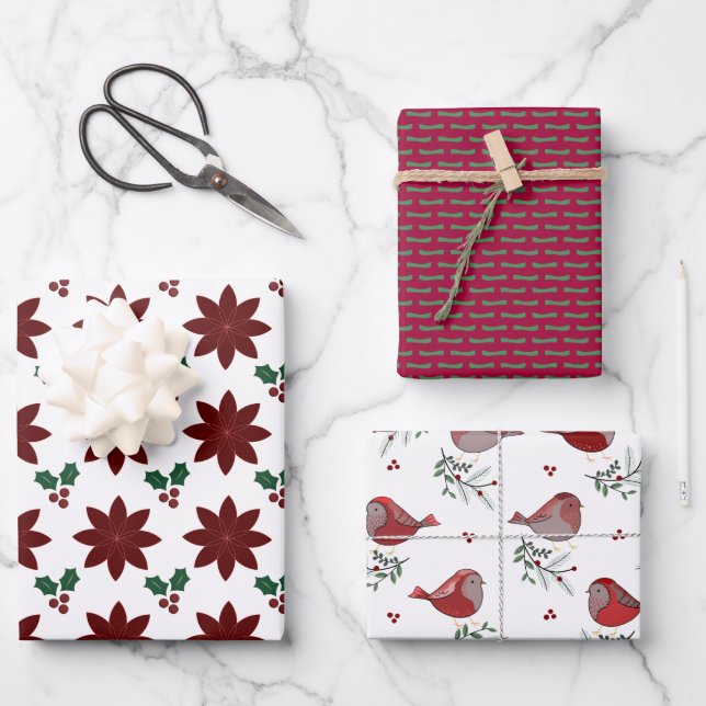 Feuille De Papier Cadeau Poinsettias, Stipples, Birdies -  (Recto)