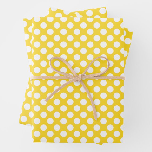 Feuille De Papier Cadeau Pointe Polka blanche et jaune (En situation)