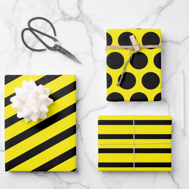 Feuille De Papier Cadeau Pointe Polka Jaune Noir (Recto)