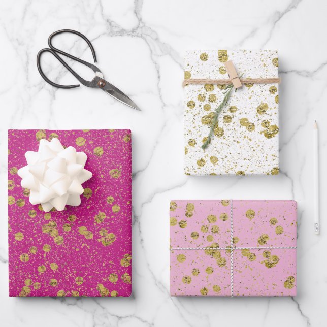 Feuille De Papier Cadeau Points Confetti Glitzy Rose Or Étincelle (Recto)
