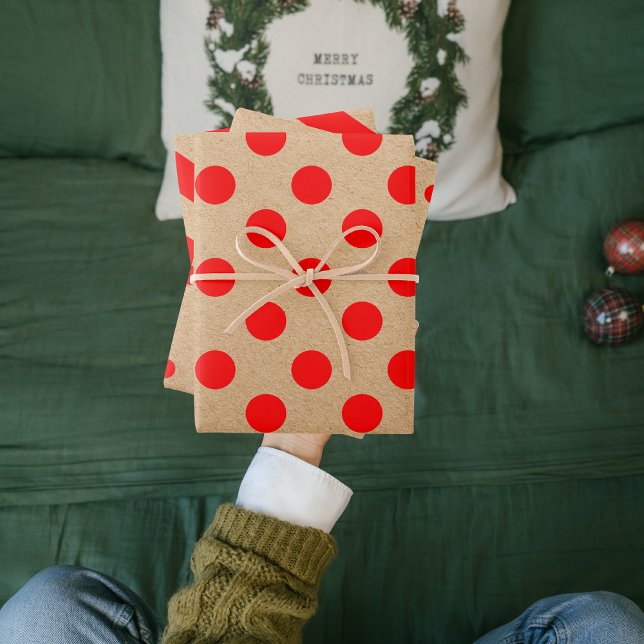Feuille De Papier Cadeau Points De Noël Rouges Et Rayures Kraft Modernes (Créateur téléchargé)
