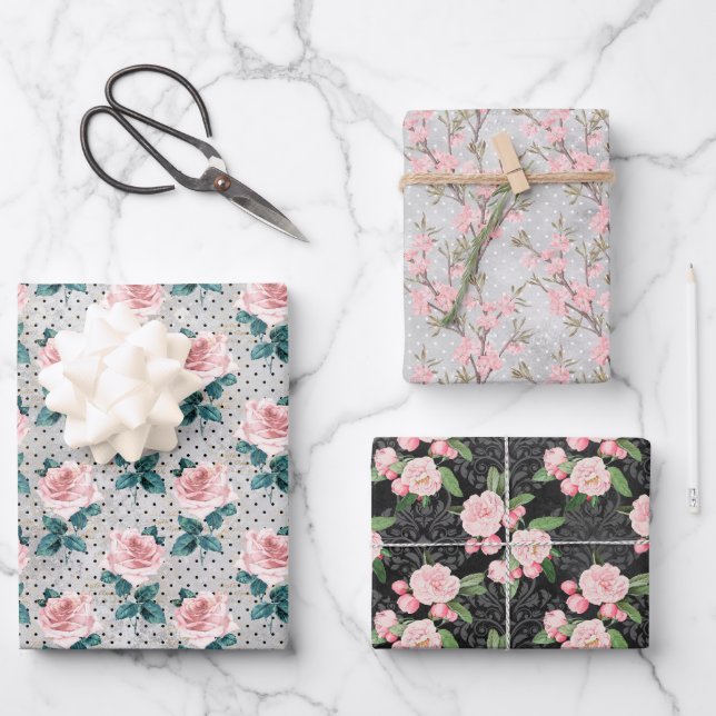 Feuille De Papier Cadeau Points floraux gris-bleu rose rose (Recto)