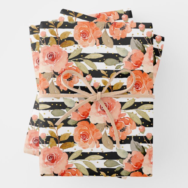 Feuille De Papier Cadeau Points Orange Floral Noir Blancs (En situation)